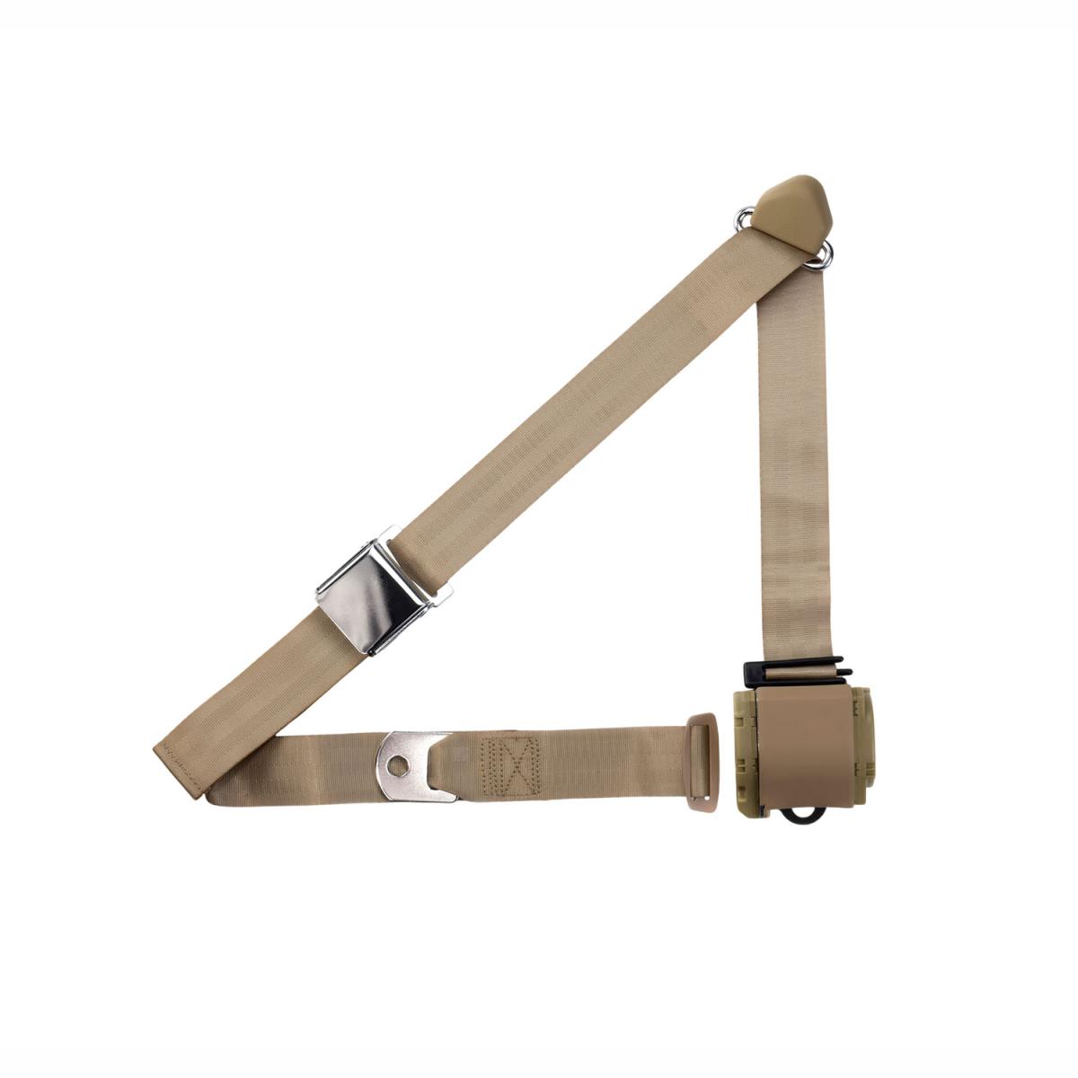 Cinto De Segurança Com Fivela Cromada Aviação, Retrobelt, Retrátil 3 Pontos Bege-caramelo, Bege (caramelo) 359-tan | Fusca 1949-96, Kombi 1950-14 SKU: 359-TAN